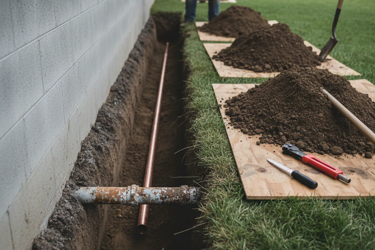 Excavated water line trench during Water Softener Installation in Tupman